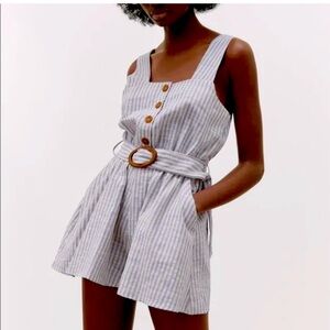 Zara Blue & White Striped Linen Blend Romper with belt Size Medium 6 8